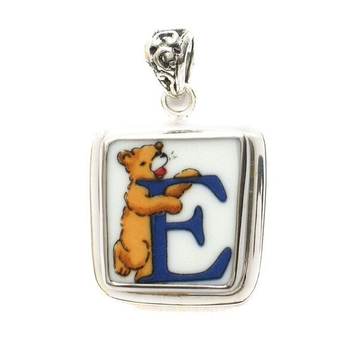 Broken China Jewelry Alphabet Bear Monogram Letter E Sterling Pendant