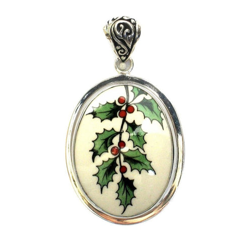 Broken China Jewelry Christmas Tree Holly Large Sterling Oval Pendant