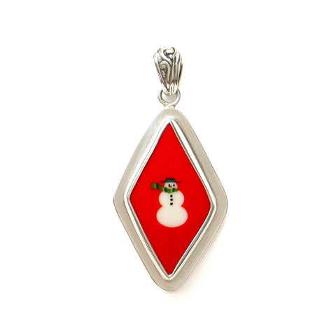 Broken China Jewelry Mod Retro Red Snowman Snow Man Sterling Pendant