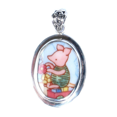 Broken China Jewelry Classic Pooh Piglet Pig with Flower Garland Sterling Pendant