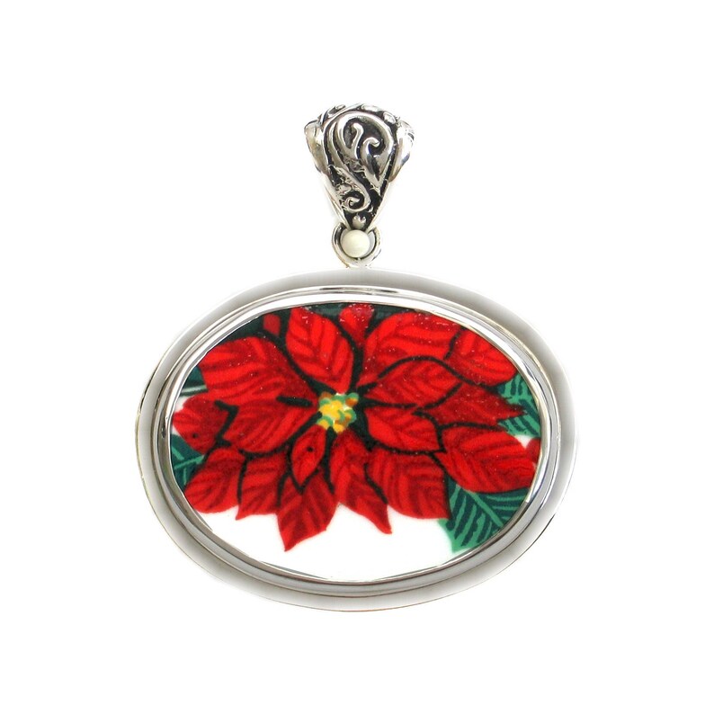 Broken China Jewelry Christmas Red Poinsettia Flower Large Sterling Horizontal Oval Pendant