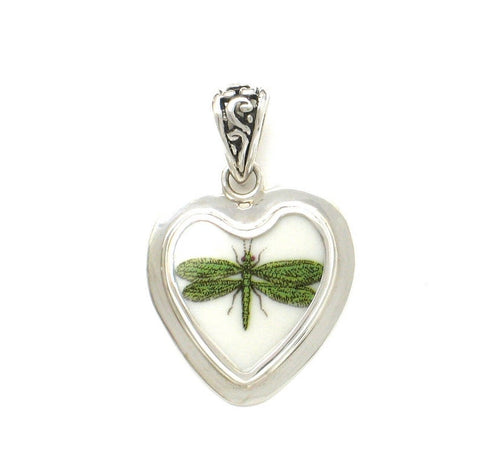 Broken China Jewelry Portmeirion Botanic Garden Green Dragonfly Sterling Heart Pendant