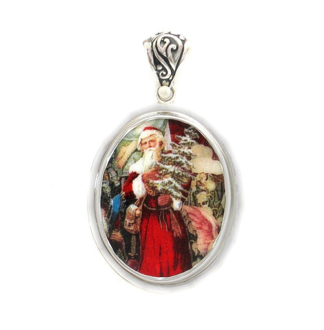 Broken China Jewelry Victorian Christmas Santa with Christmas Tree Sterling Large Oval Pendant