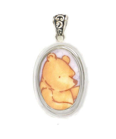 Broken China Jewelry Classic Pooh Bear Winnie the Pooh Close Up Sterling Oval Pendant