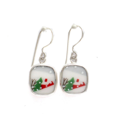 Broken China Jewelry Sleighride Red Cottage in the Snow Sterling Earrings