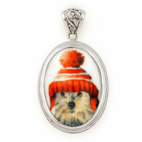 Broken China Jewelry Yorkie Winter Dog in Red Hat Sterling Oval Pendant