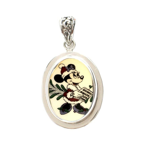 Broken China Jewelry Spode Minnie Mouse Christmas Caroling Sterling Oval Pendant