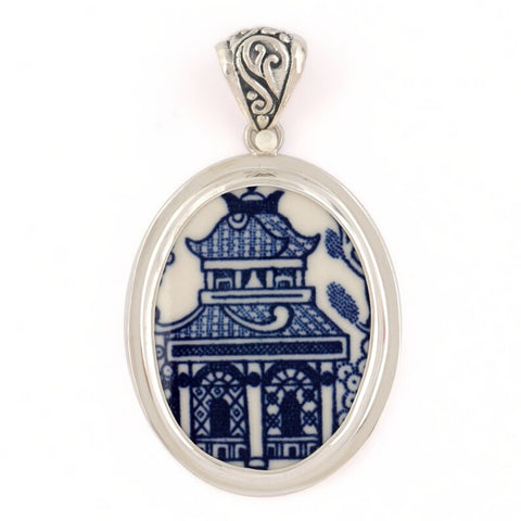Broken China Jewelry Churchill Blue Willow Pagoda Sterling Pendant