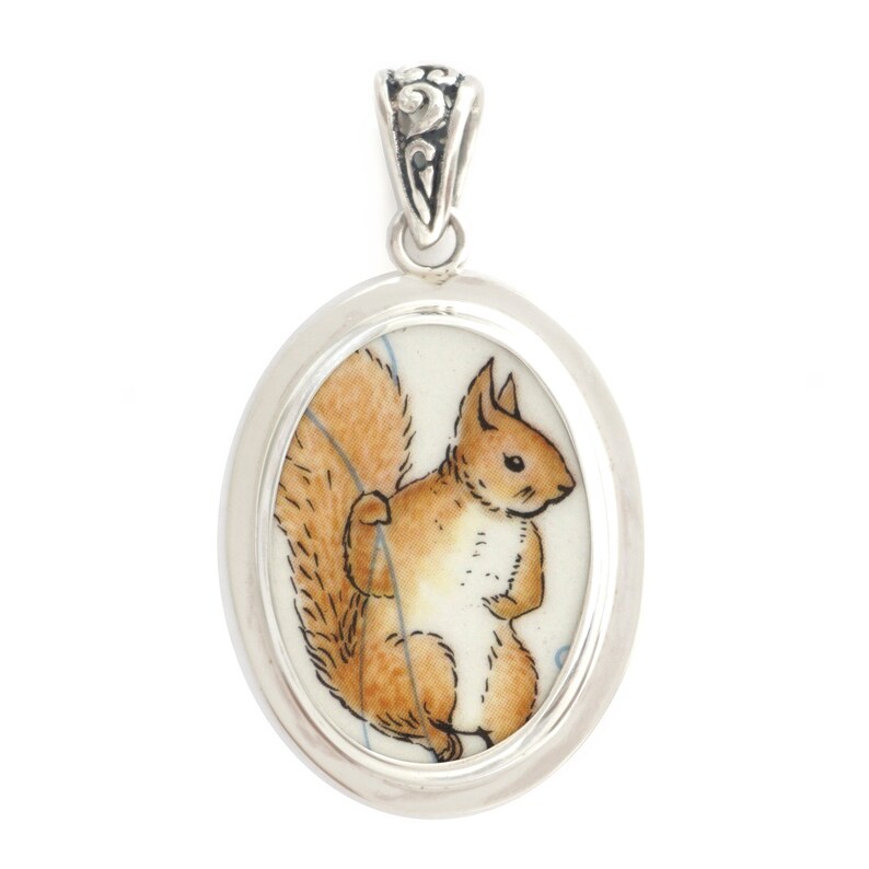 Beatrix Potter Squirrel Nutkin Broken China Jewelry B Sterling Medium Oval Pendant