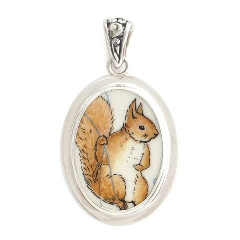 Beatrix Potter Squirrel Nutkin Broken China Jewelry B Sterling Medium Oval Pendant