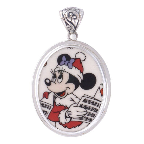 Broken China Jewelry Minnie Mouse Christmas Caroling Close Up Left Facing Sterling Oval Pendant