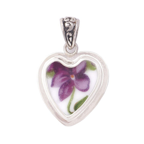 Broken China Jewelry Rossetti Spring Violets Purple Violet Flowers Sterling Heart Pendant