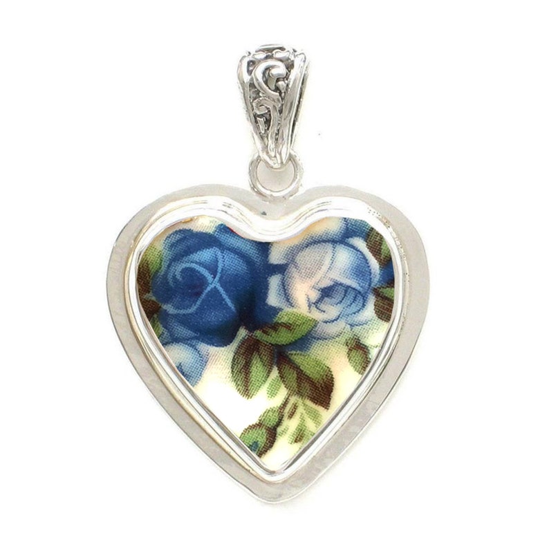 Broken China Jewelry Moonlight Roses Light Dark Blue Sterling Heart Pendant