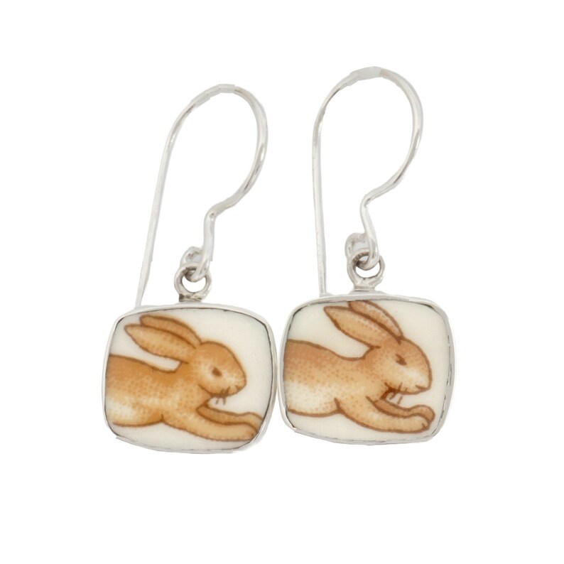 Broken China Jewelry Royal Doulton Bunnykins Easter Bunny Rabbit Earrings Small Rectangles