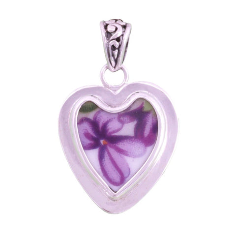 Broken China Jewelry Rossetti Spring Violets Purple Violet Flower C Sterling Heart Pendant
