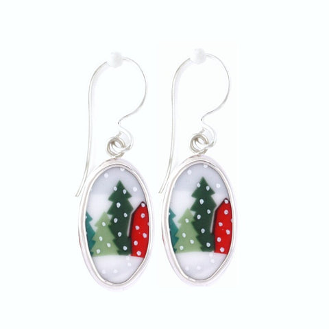 Broken China Jewelry Sleighride Winter Trees with Red Barn Snow Sterling Tall Oval Dangle Earrings