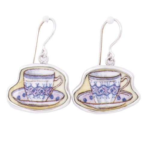 Broken China Jewelry Duchess Teacup Lavender and Blue Tea Pot Sterling Earrings