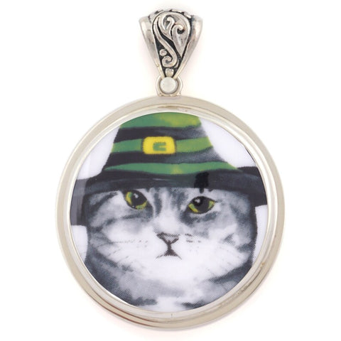 Broken China Jewelry Tabby Halloween Cat in Green and Black Witch Hat Sterling Circle Pendant