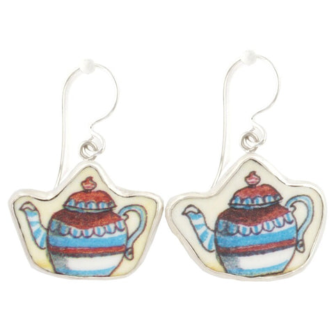 Broken China Jewelry Duchess Teapot Red White and Blue Stripe Tea Pot Sterling Earrings