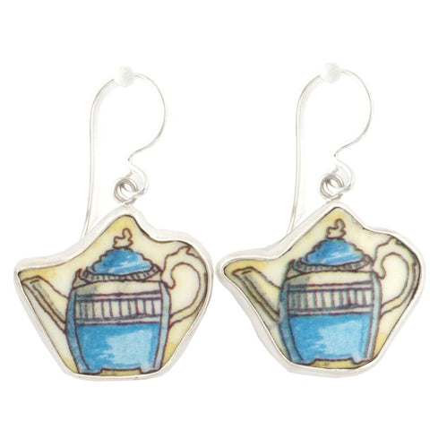 Broken China Jewelry Duchess Teapot Blue with Small Stripes Tea Pot Sterling Earrings