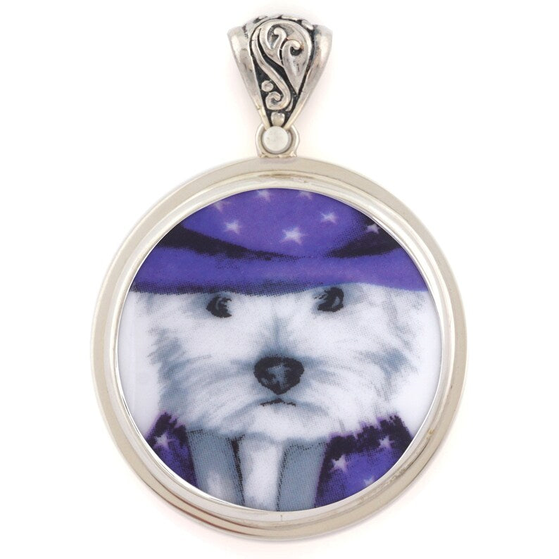 Broken China Jewelry Westie Halloween Dog in Starry Purple Wizard Hat Sterling Circle Pendant