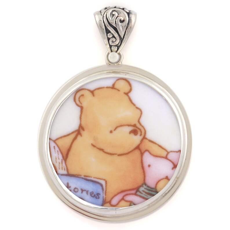 Broken China Jewelry Winnie the Pooh and Piglet Sterling Circle Pendant