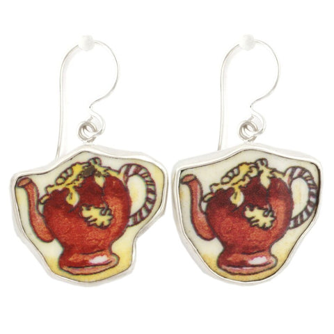 Broken China Jewelry Duchess Teapot Red and Yellow Tea Pot Sterling Earrings