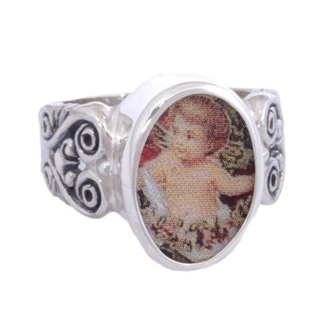 SIZE 8 Broken China Jewelry Victorian Cherub Angel Sterling Ring