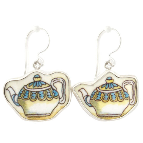 Broken China Jewelry Duchess Teapot Blue and Yellow Tea Pot Sterling Earrings