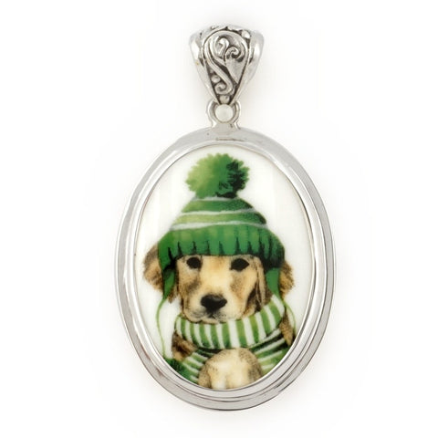 Broken China Jewelry Golden Retriever Winter Dog in Green Hat & Scarf Sterling Oval Pendant