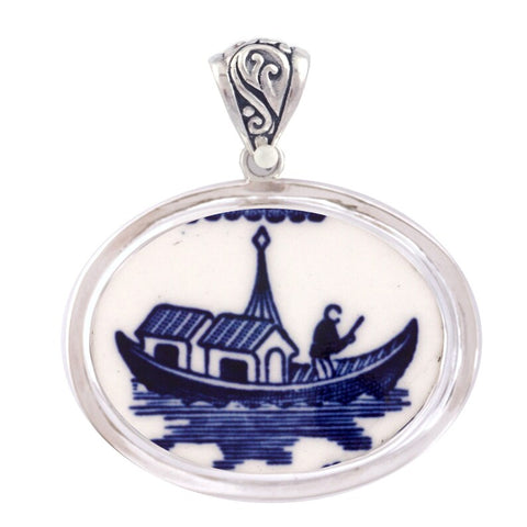 Broken China Jewelry Churchill Blue Willow Boat Sterling Horizontal Oval Pendant