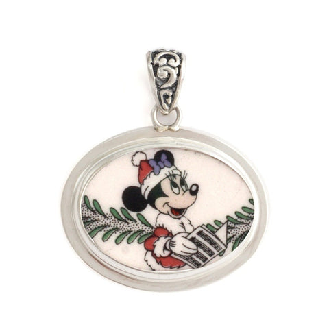 Broken China Jewelry Christmas Tree Minnie Mouse Caroling Close Up Horizontal Oval Sterling Pendant