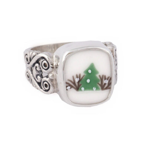 SIZE 11 Broken China Jewelry Sleighride Christmas Tree Dark Green Sterling Ring