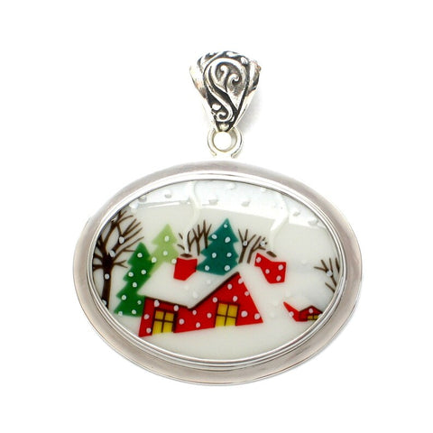 Broken China Jewelry Sleighride Home House Cottage with Snow and Fireplace Horizontal Oval Pendant