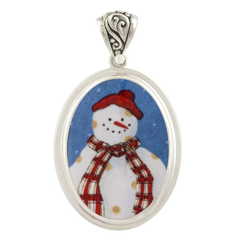 Broken China Jewelry Happy Folk Art Snowman Snow Man with Red Plaid Scarf Sterling Oval Pendant