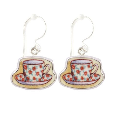 Broken China Jewelry Duchess Teacup Red Rosebuds Tea Cup Sterling Earrings