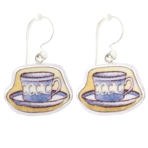 Broken China Jewelry Duchess Teacup Blue Tea Cup with Dots Sterling Earrings