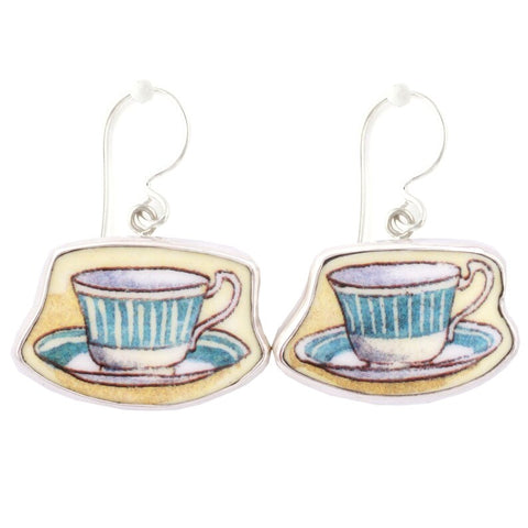 Broken China Jewelry Duchess Teacup Blue Striped Rim Tea Cup Sterling Earrings