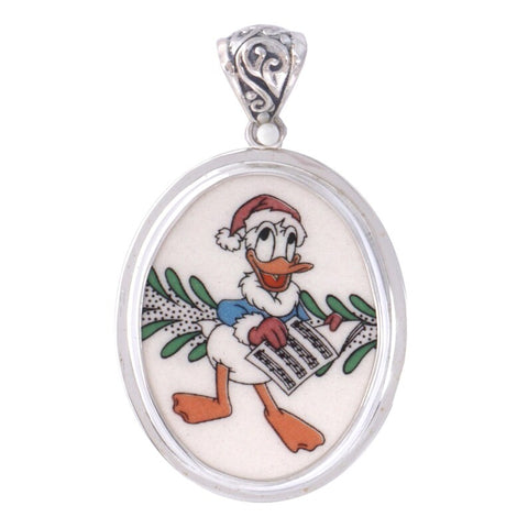 Broken China Jewelry Donald Duck Christmas Caroling Medium Sterling Oval Pendant