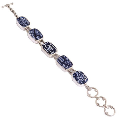 Broken China Jewelry Blue Willow Geometric Sterling Silver Bracelet