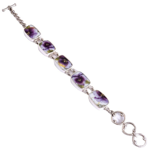 Broken China Jewelry Purple Pansy Pansies A Sterling Adjustable Bracelet