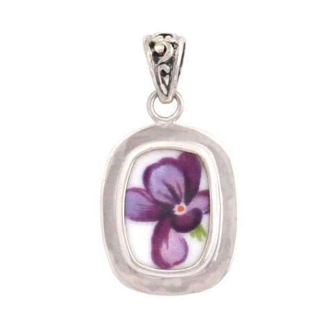 Broken China Jewelry Rossetti Spring Violets Purple Violet Rectangle Sterling Pendant