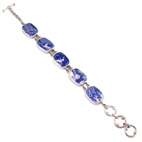 Broken China Jewelry Blue Italian Pastoral Scene Lamb Floral Sterling Adjustable Bracelet