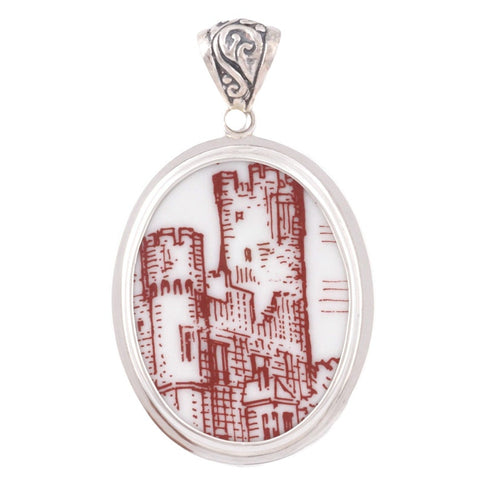 Broken China Jewelry Medieval Castle Tower Sterling Silver Pendant