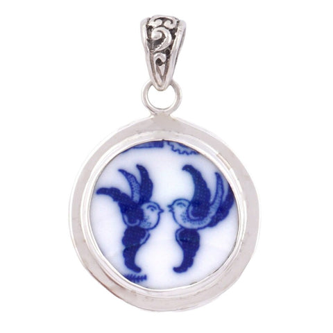Broken China Jewelry Blue Willow Love Birds Sterling Circle Pendant