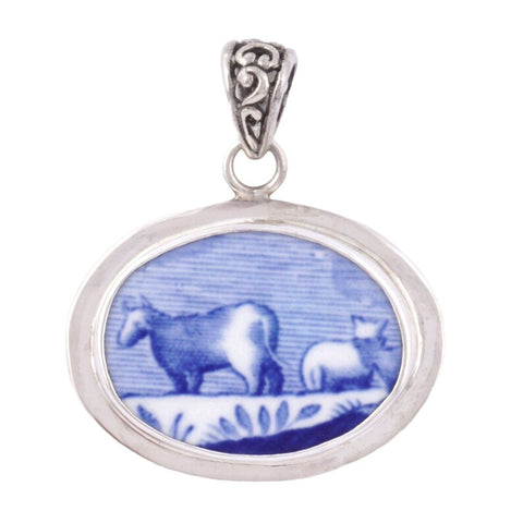 Broken China Jewelry Blue Italian Cow and Sheep Sterling Pendant