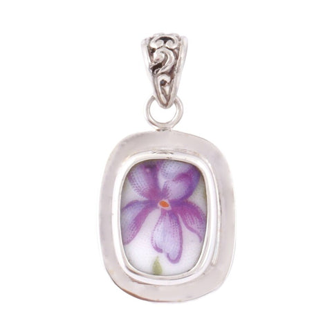 Broken China Jewelry Rossetti Spring Violets Purple Violet Rectangle Sterling Pendant A