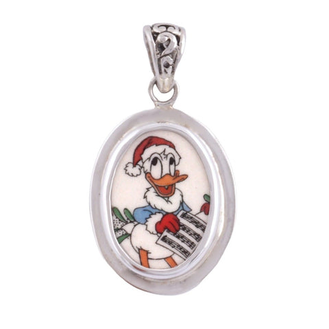 Broken China Jewelry Donald Duck Christmas Caroling Small Sterling Oval Pendant