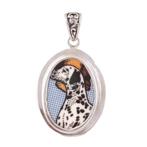 Broken China Jewelry Dalmatian Dalmation Dog Sterling Oval Pendant