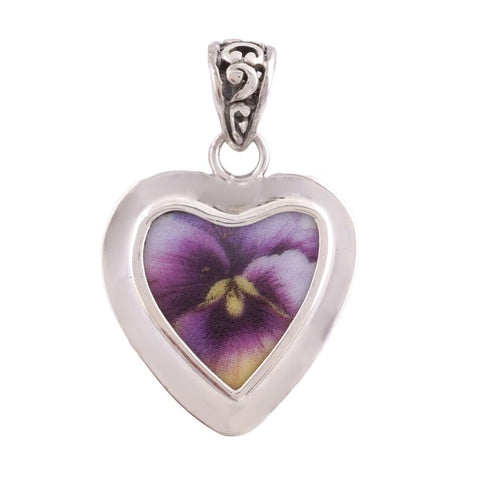 Broken China Jewelry Purple Pansy Flower B Sterling Heart Pendant